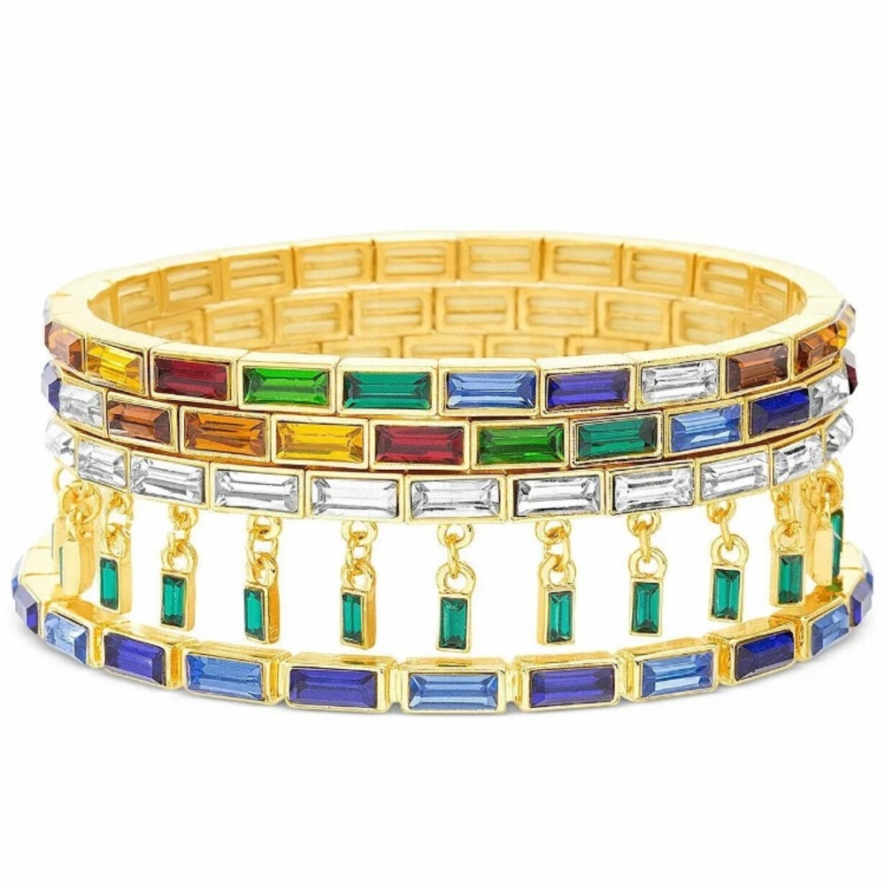 STEVE MADDEN Gold-Tone 4-Pc Set Multicolor Baguette-Crystal Stretch Bracelet